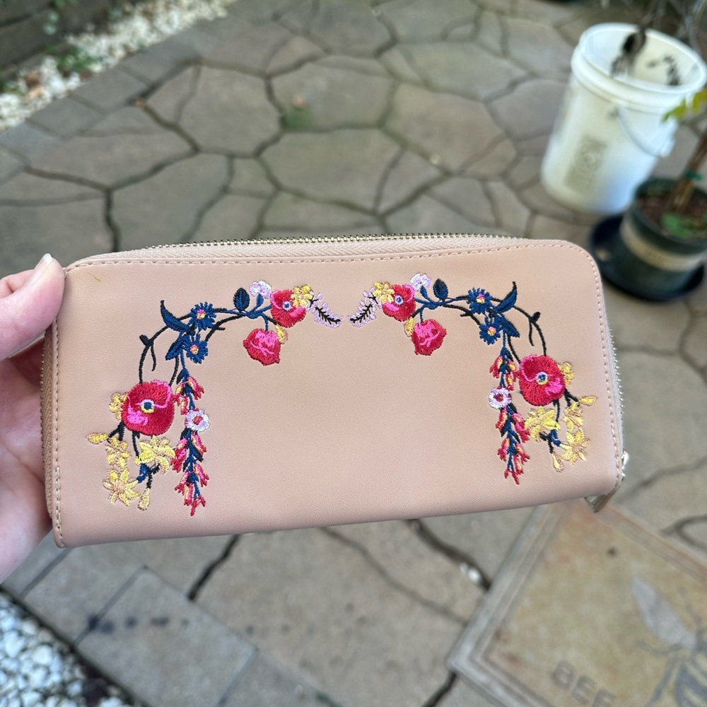 A New Day Tan Wallet with Floral Embroidery
